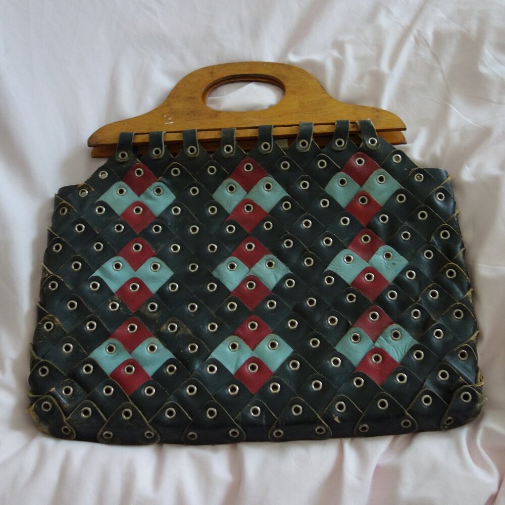 Vintage Black Leather Tote Bag with Pattern and Wood Handle